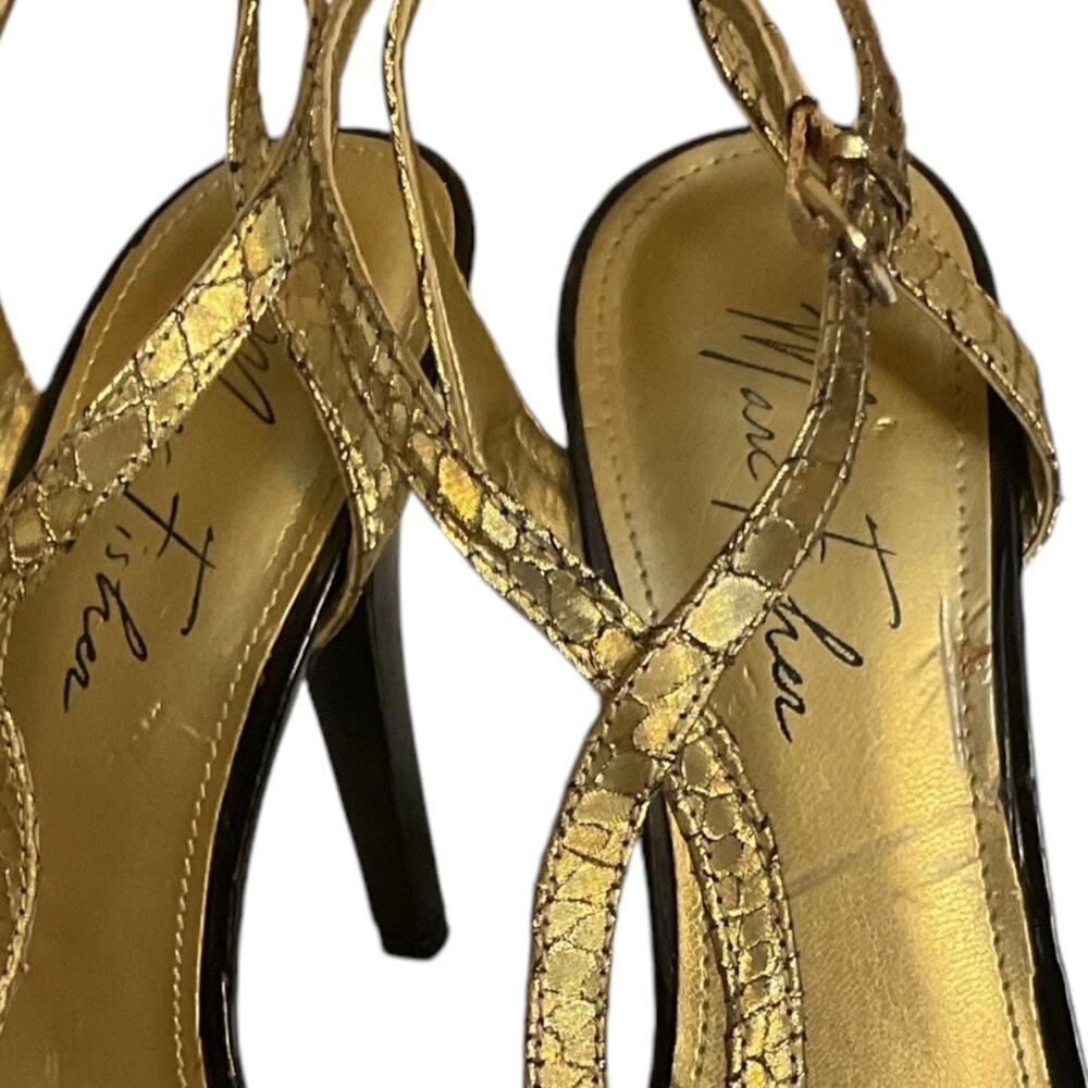 Marc Fisher Sandal SZ 8.5 Women Gold Belia Ankle Strap Heel Snakeskin-Flaw - Picture 9 of 14